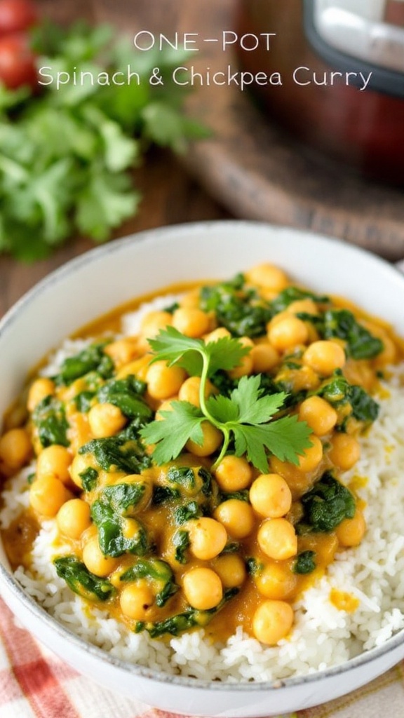 Bowl of Spinach and Chickpea Coconut Curry with rice and cilantro garnish, set in a rustic kitchen.